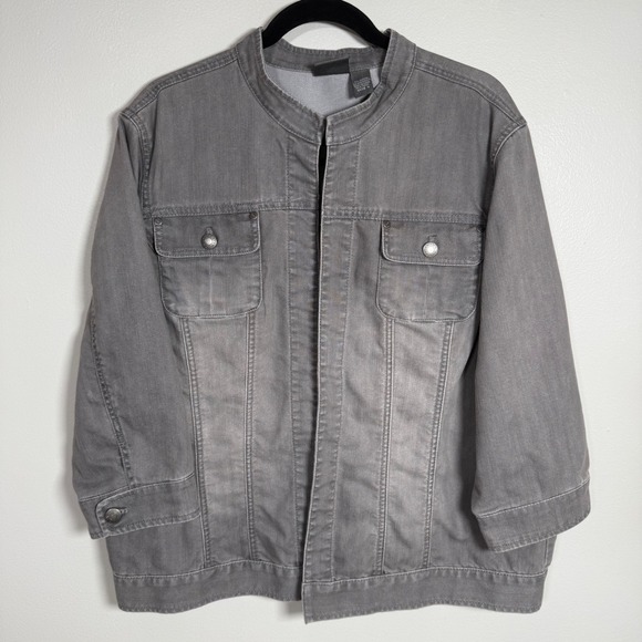 Chico's Jackets & Blazers - Chicos Additions Gray Denim Jacket Collarless 3/4 Sleeve Size 3 XL Open Front